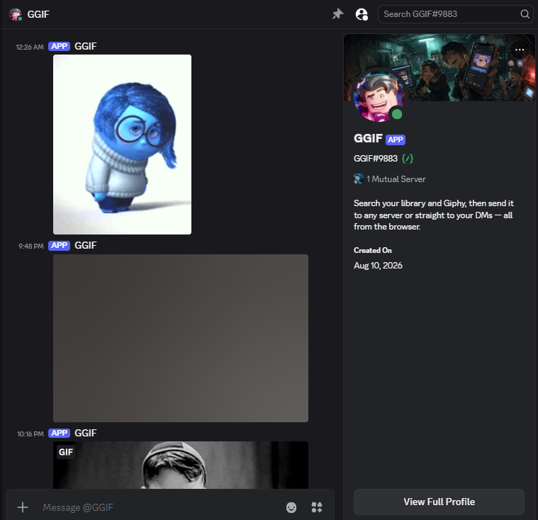 GGIF bot sending a GIF to a Discord DM